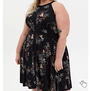 TORRID BLACK FLORAL STUDIO KNIT HIGH NECK SKATER DRESS